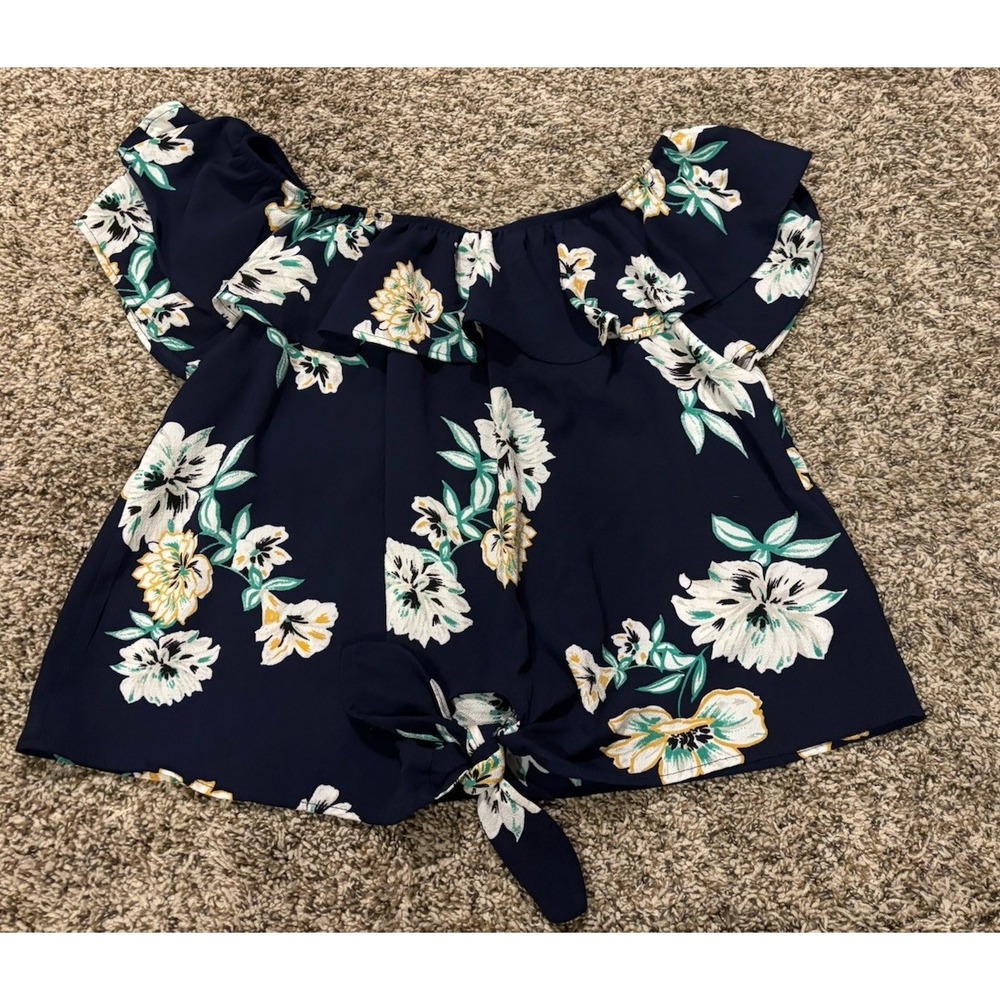 Xhilaration Off Shoulder Floral Blouse Navy Blue Ruffle Flutter Sleeve Women M